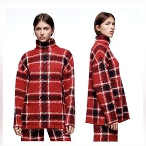 Zara Plaid Knit Sweater Red Black Mock Neck Size L